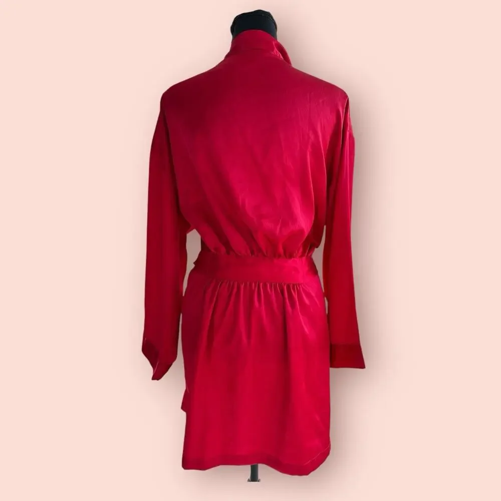 Vtg Victoria's Secret Women's RED Satin Robe Pockets Kimono Tie Belt